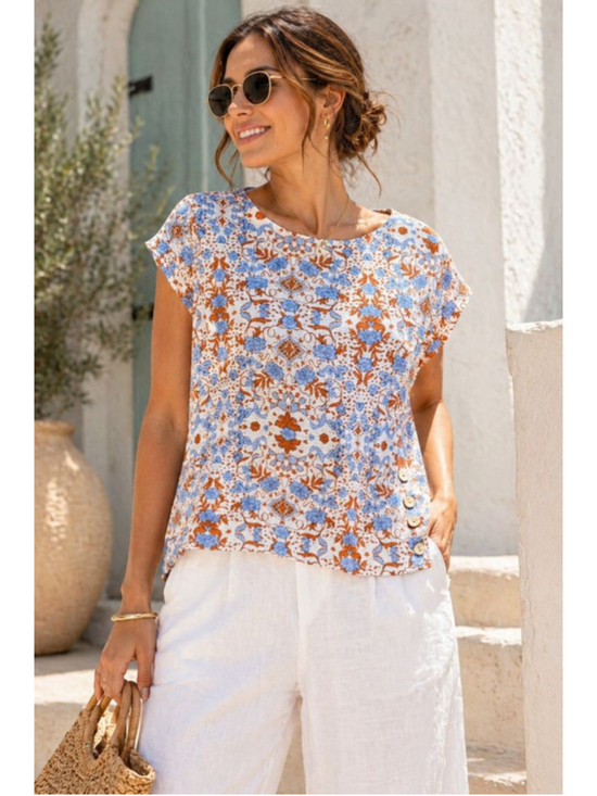 Rachel Zoe Tops - Rachel Zoe Linen Top M Blue Orange Floral Boho Coastal Lightweight Blouse
